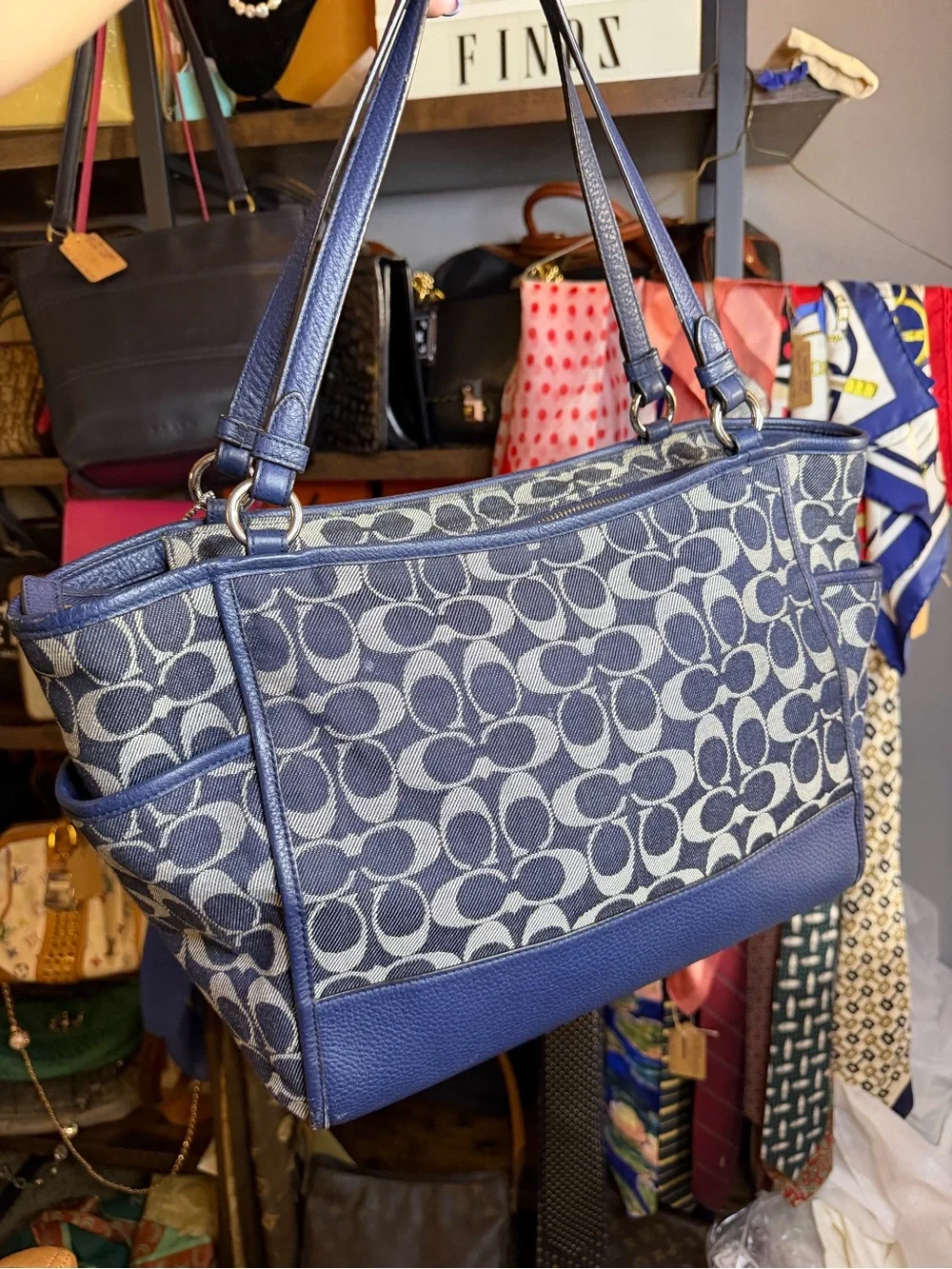 Coach Park Carrie Navy Denim Signature Canvas Tote with Blue Leather Trim